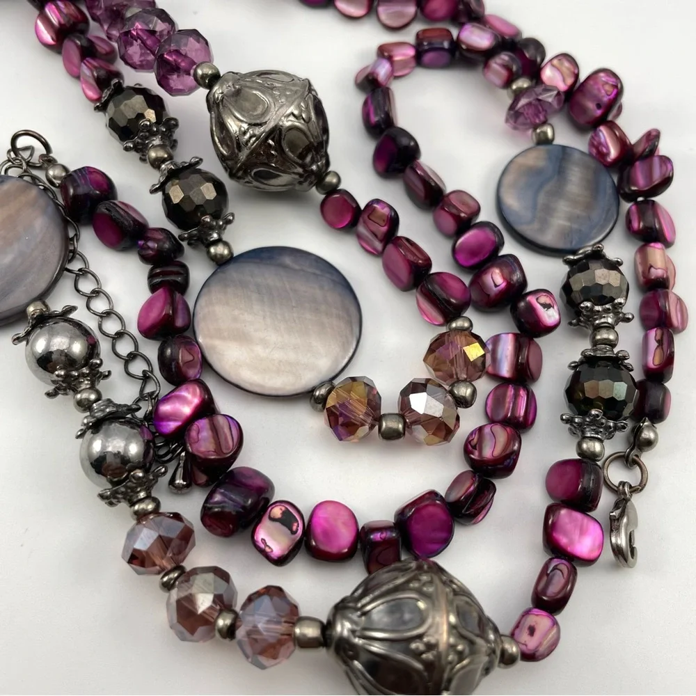 Boho Purple Shell & Crystal Beaded Necklace with Silver Accents 39” 43”Extender
